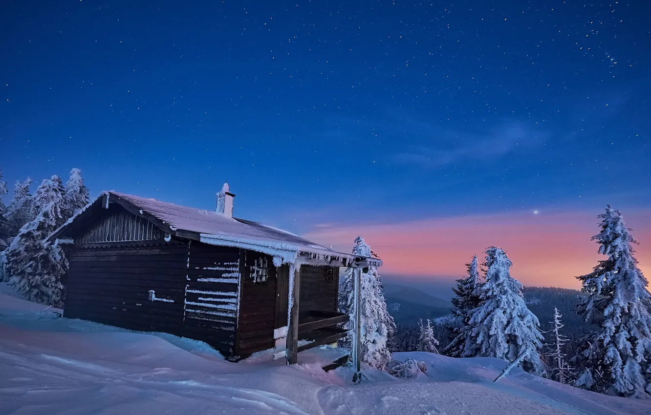 Photo wallpaper winter, the sky, snow, trees, landscape, nature, house, stars