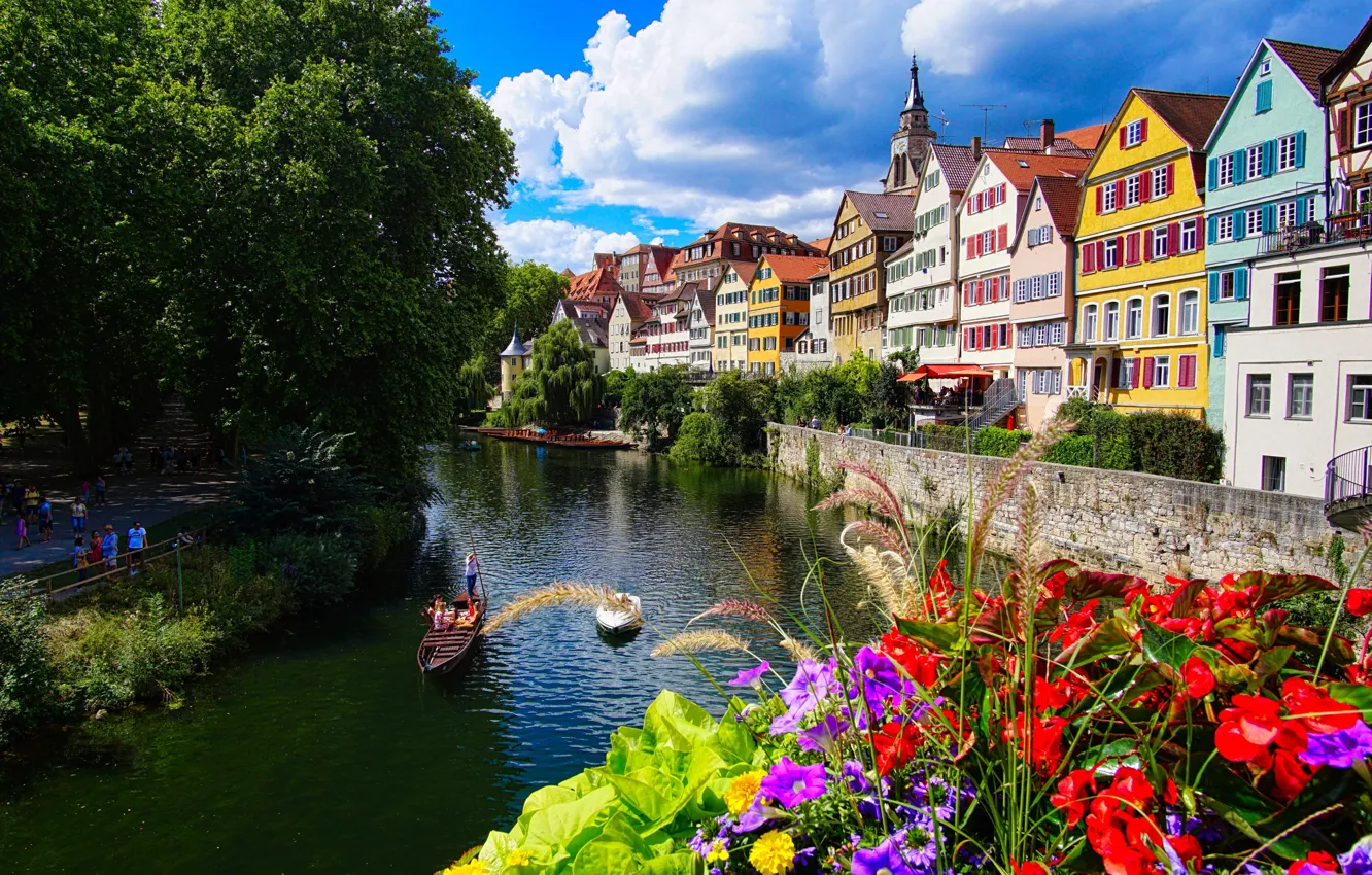 Photo wallpaper flowers, the city, river, building, home, boats, Germany, promenade