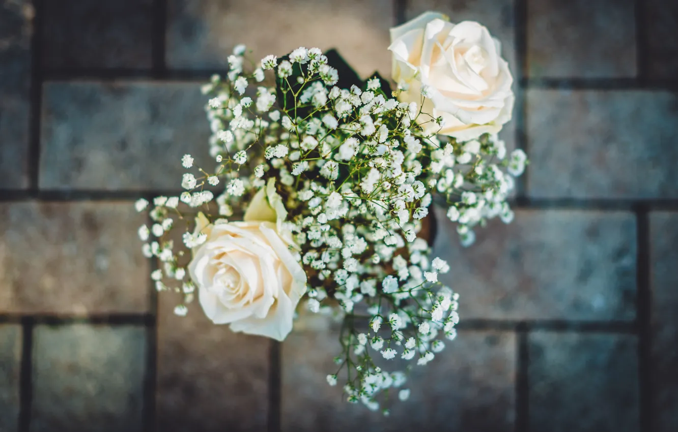 Photo wallpaper flowers, roses, bouquet, petals, gypsophila