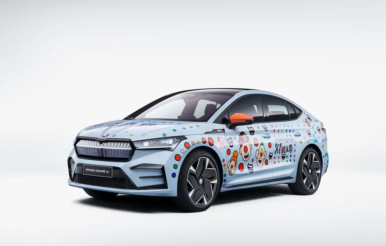 Photo wallpaper White background, Blue, Skoda, Electric, 2022, Electric car, Electric car, Skoda Enyaq Coupe RS iV