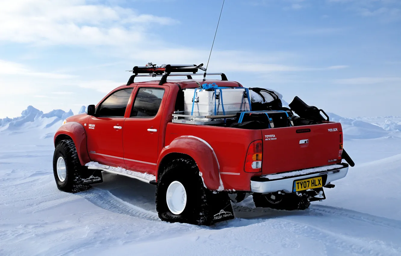 Photo wallpaper winter, snow, ski, North pole, red, Toyota, north pole, hilux