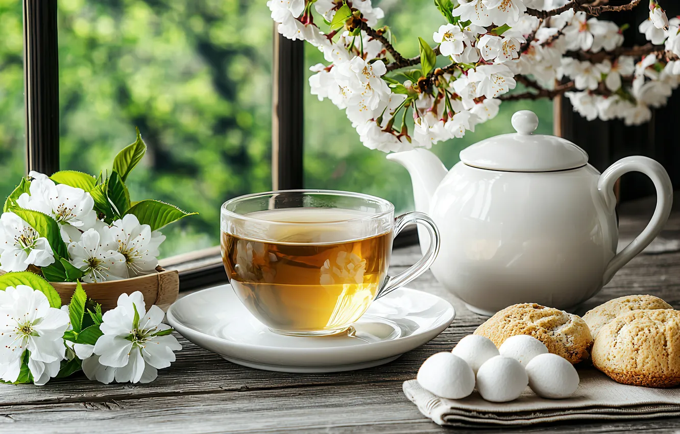 Photo wallpaper flowers, branches, table, holiday, Board, eggs, towel, bouquet