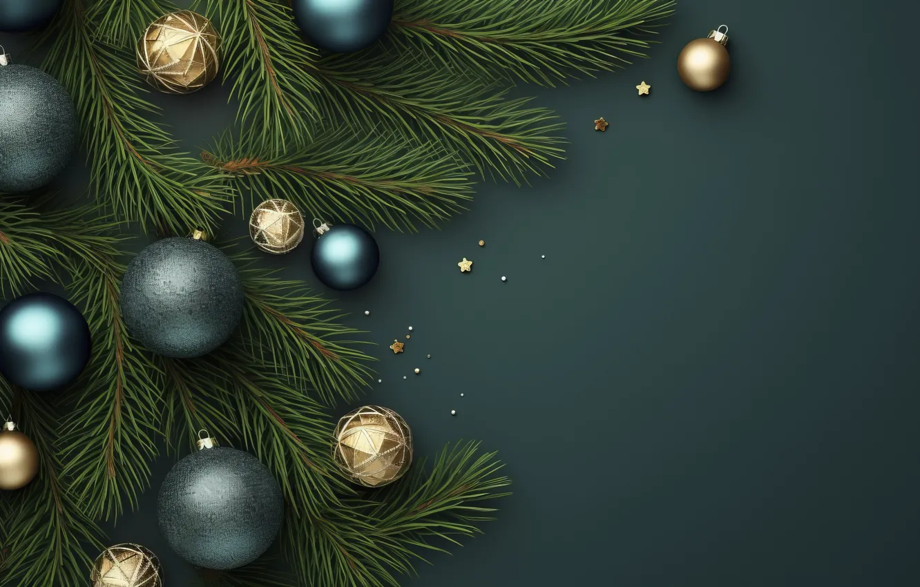 Photo wallpaper decoration, the dark background, balls, new year, Christmas, golden, Christmas, balls