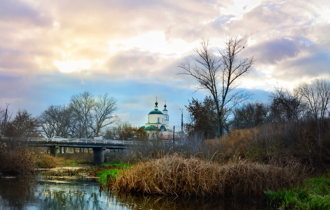 Photo wallpaper sunset, bridge, river, Church