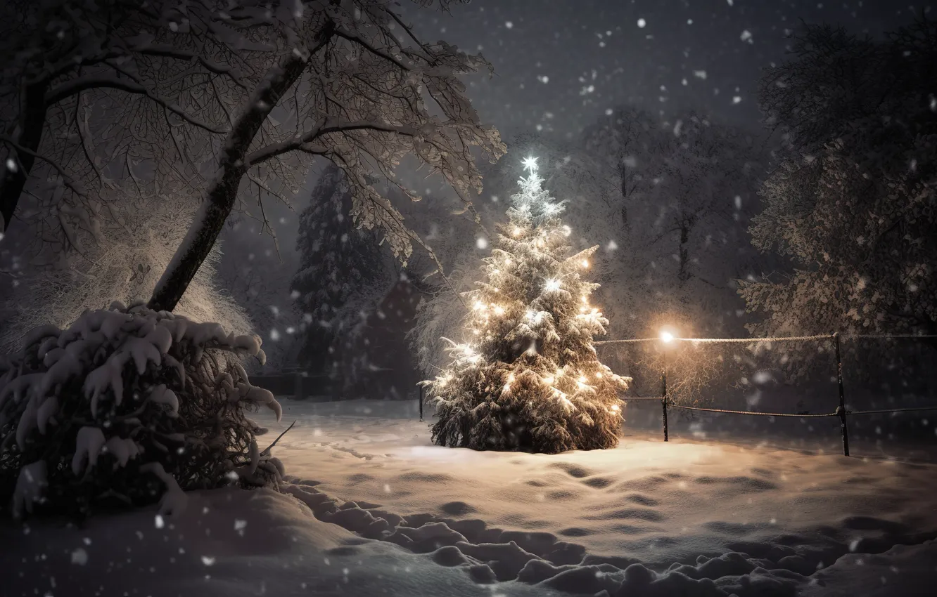 Photo wallpaper winter, forest, snow, night, lights, tree, new year, Christmas