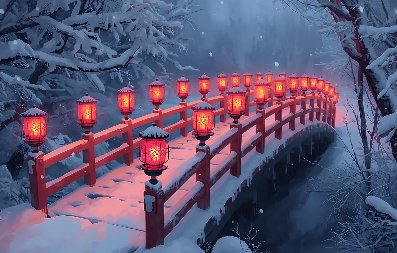 Photo wallpaper winter, snow, bridge, Christmas, lights, bridge, winter, snow