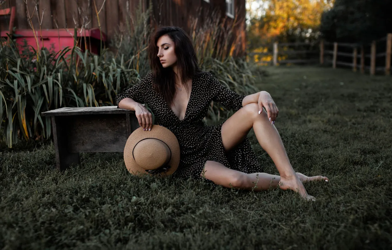 Photo wallpaper grass, girl, pose, dress, legs, Andrey Frolov