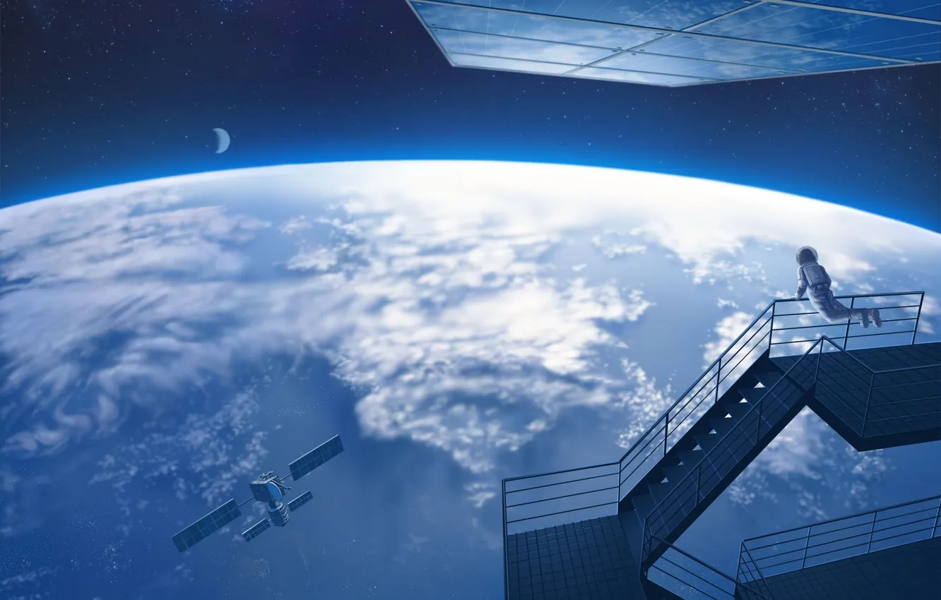 Photo wallpaper the sky, space, stars, earth, the moon, planet, satellite, astronaut