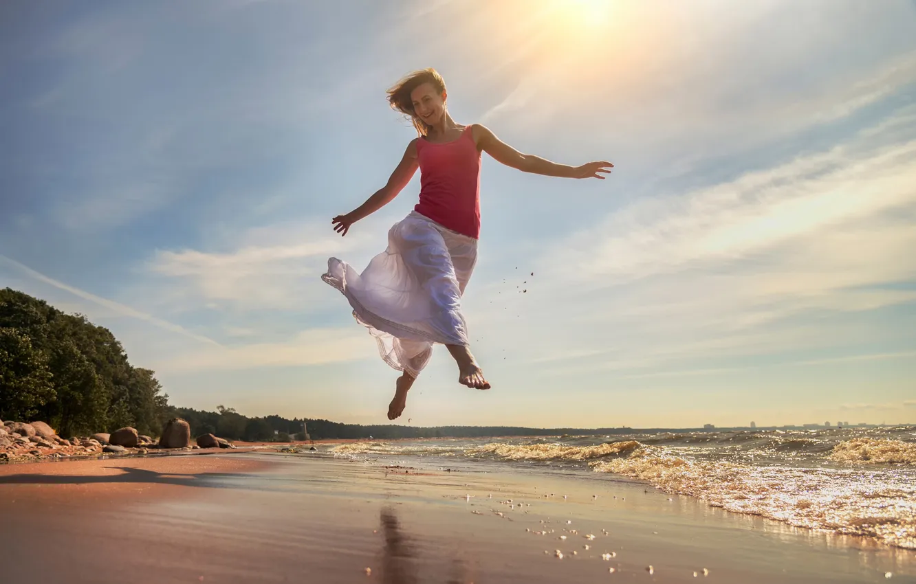 Photo wallpaper girl, joy, shore, The Gulf of Finland