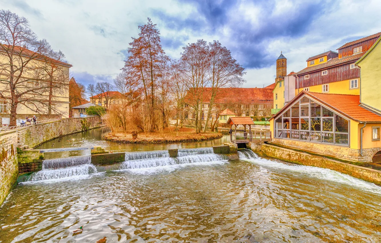 Photo wallpaper trees, river, home, Germany, hdr, Thuringia, Erfurt