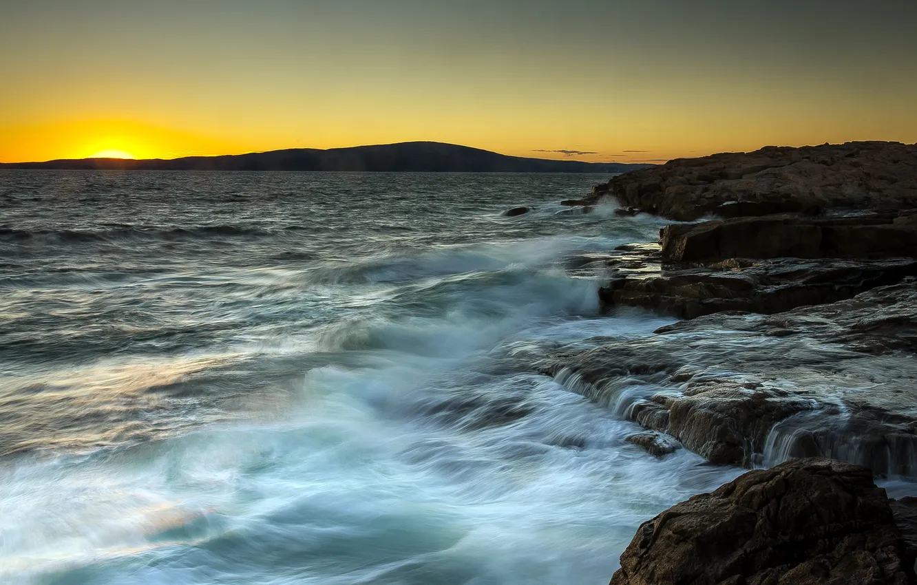 Photo wallpaper sea, landscape, sunset, rocks