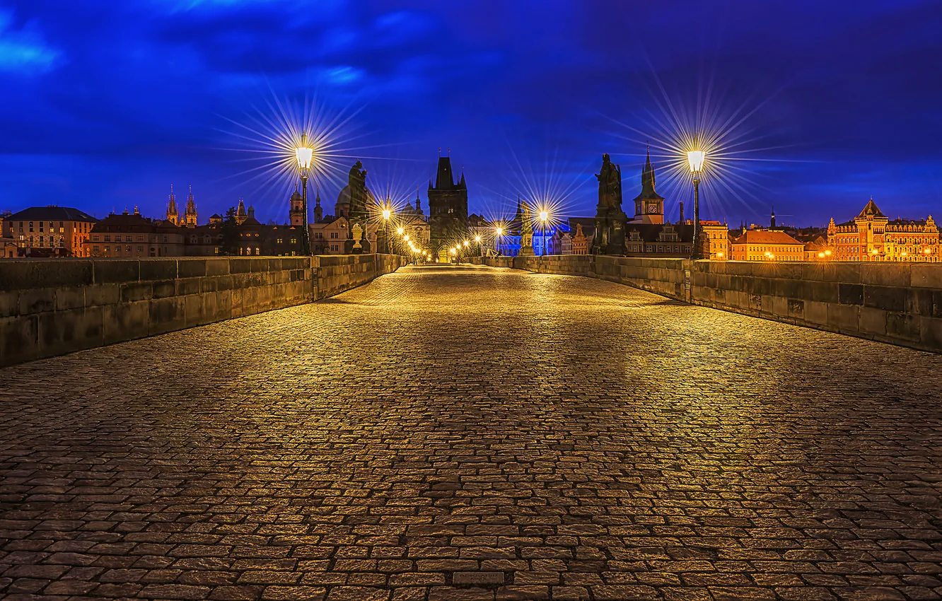 Photo wallpaper light, night, the city, pavers, Prague, Czech Republic, lights, architecture