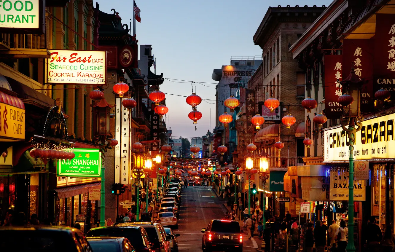 Photo wallpaper people, CA, San Francisco, cars, street, stores, life, lamppost