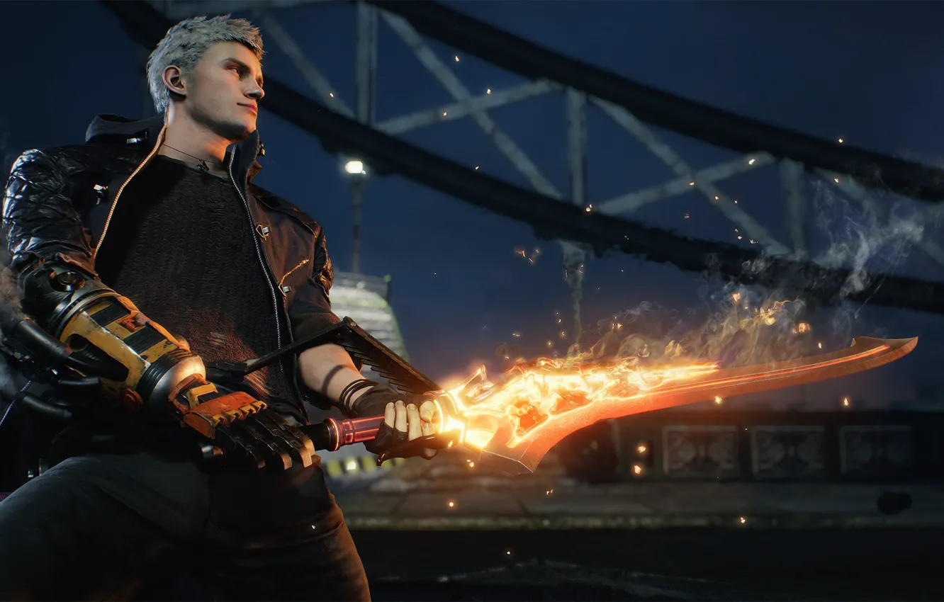 Photo wallpaper lights, sword, sparks, guy, Devil May Cry 5