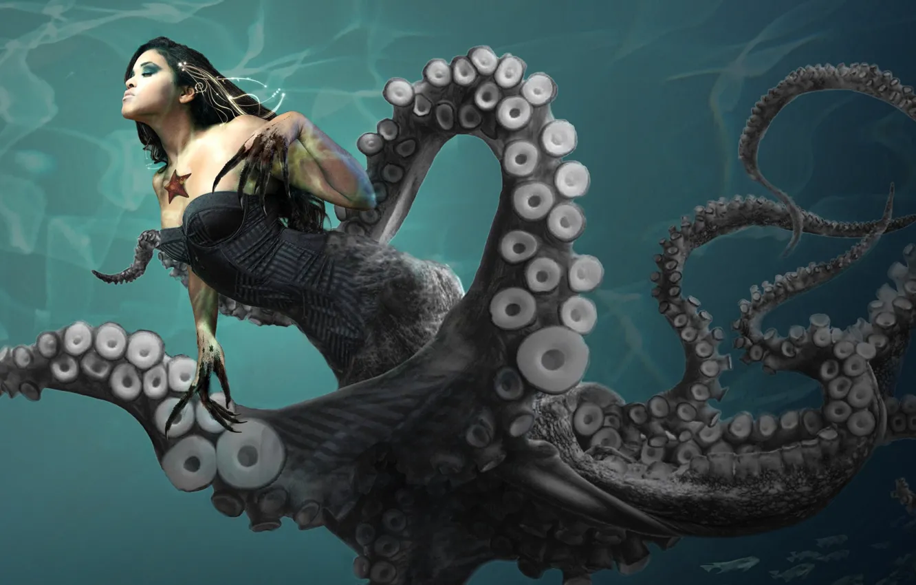 Photo wallpaper girl, photoshop, octopus, Ursula, photoart, the tentacles