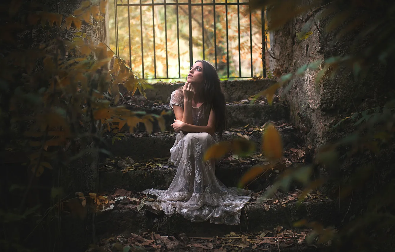 Photo wallpaper autumn, leaves, girl, mood, foliage, the situation, dress, ladder
