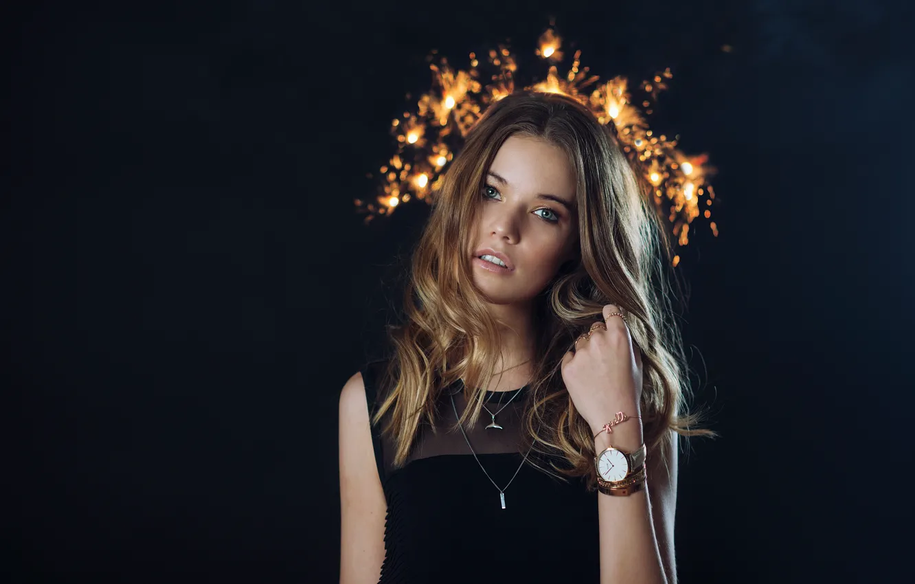 Photo wallpaper look, face, model, hair, watch, hand, the dark background, Anastasia Vervueren