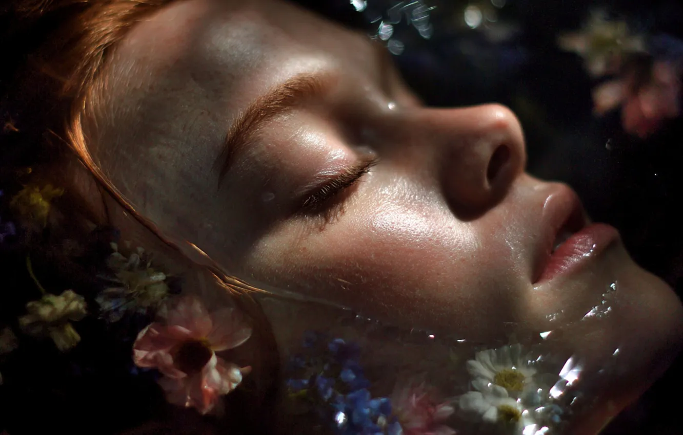 Photo wallpaper water, girl, light, flowers, close-up, face, the dark background, sleep