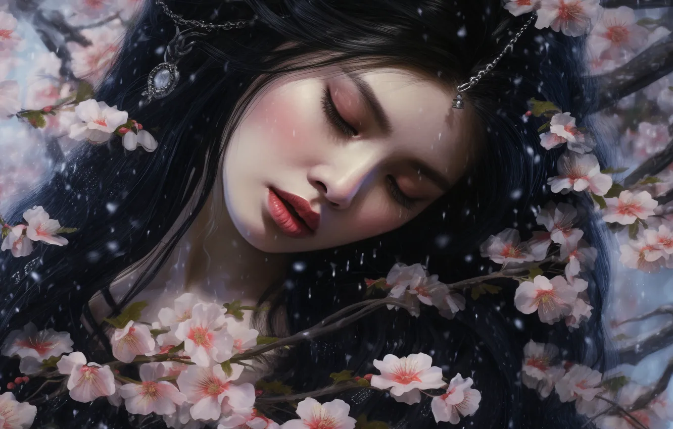 Photo wallpaper girl, face, image, Asian, digital art, AI art, The Art of Artificial Intelligence, neural network