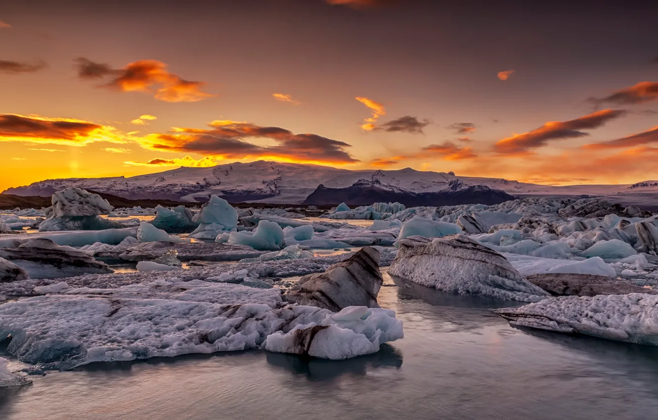Photo wallpaper sea, the sky, clouds, sunset, coast, ice, Iceland, blocks