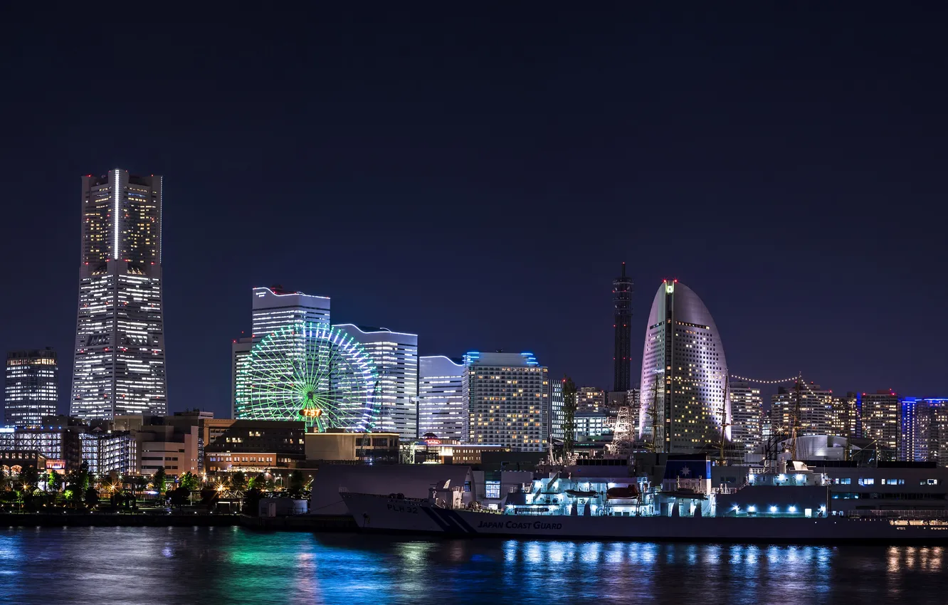 Photo wallpaper sea, night, skyscrapers, Japan, Japan, skyscrapers, Yokohama, Yokohama