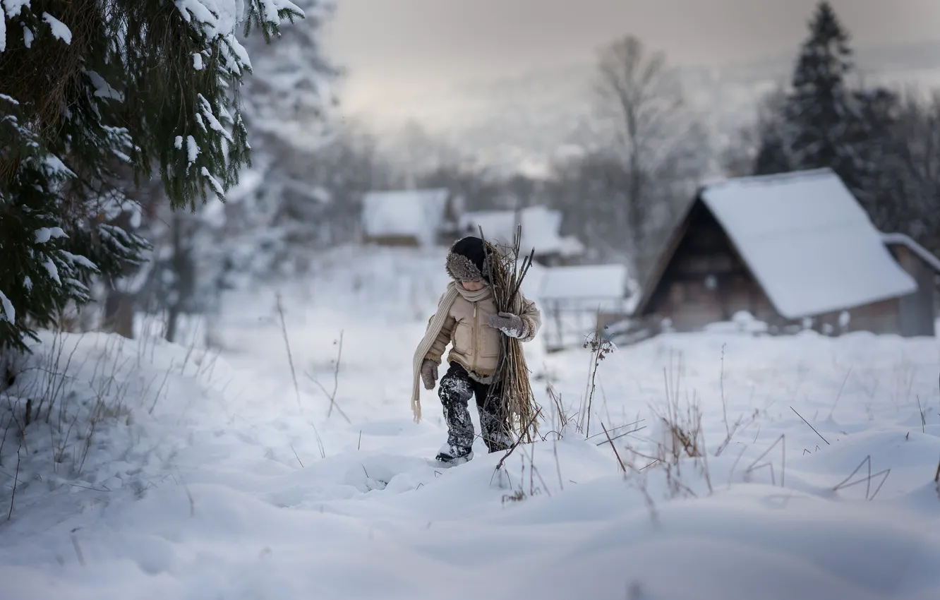 Photo wallpaper winter, snow, boy