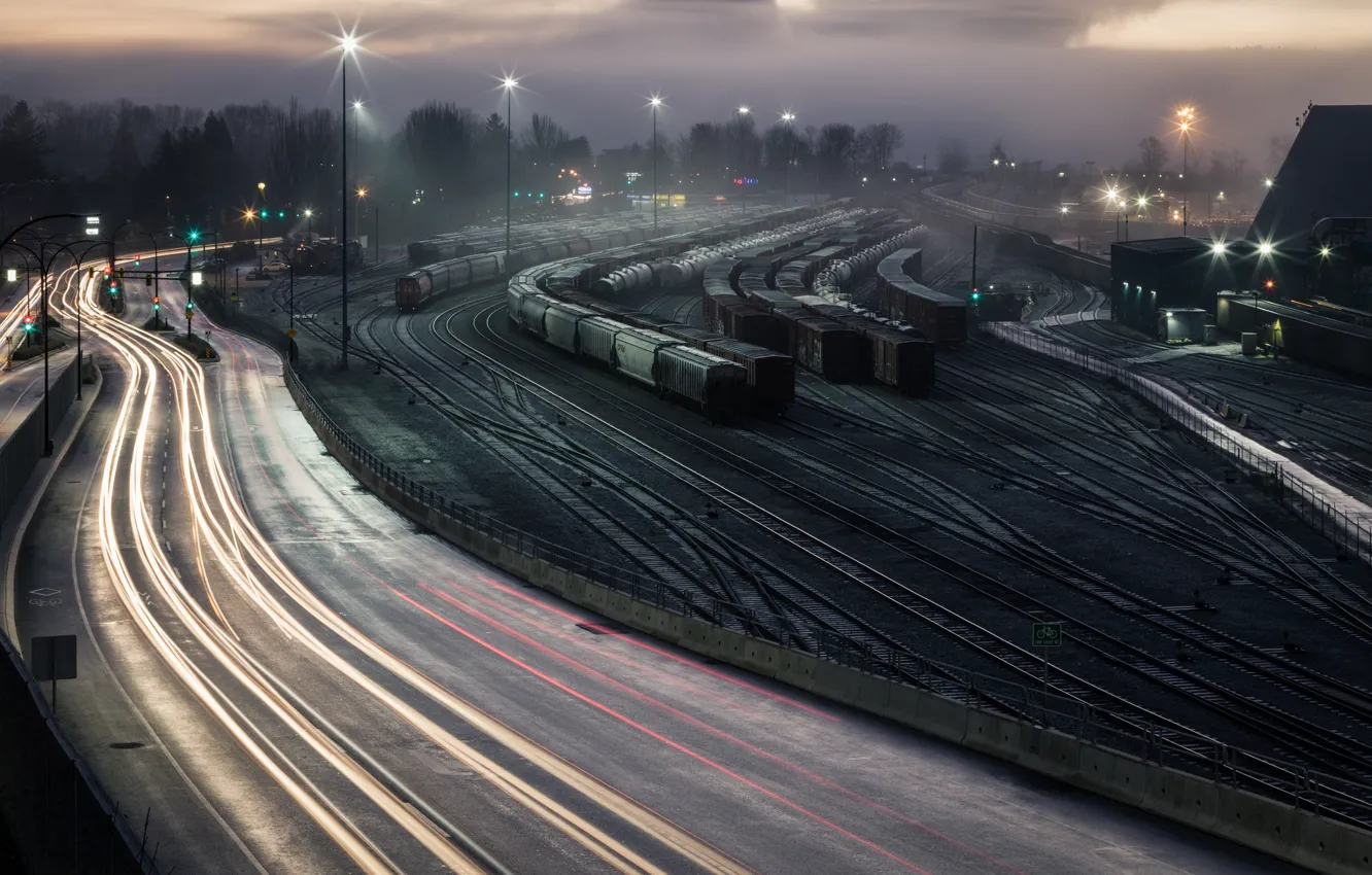 Photo wallpaper night, station, railroad