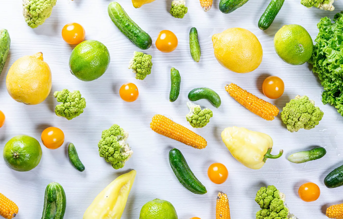 Photo wallpaper corn, vegetables, tomatoes, lemons, cucumbers