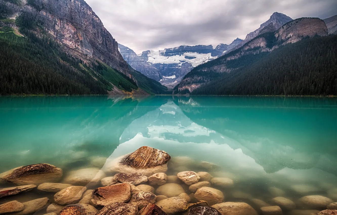 Photo wallpaper landscape, mountains, nature, lake, stones, the bottom, Canada, Albert