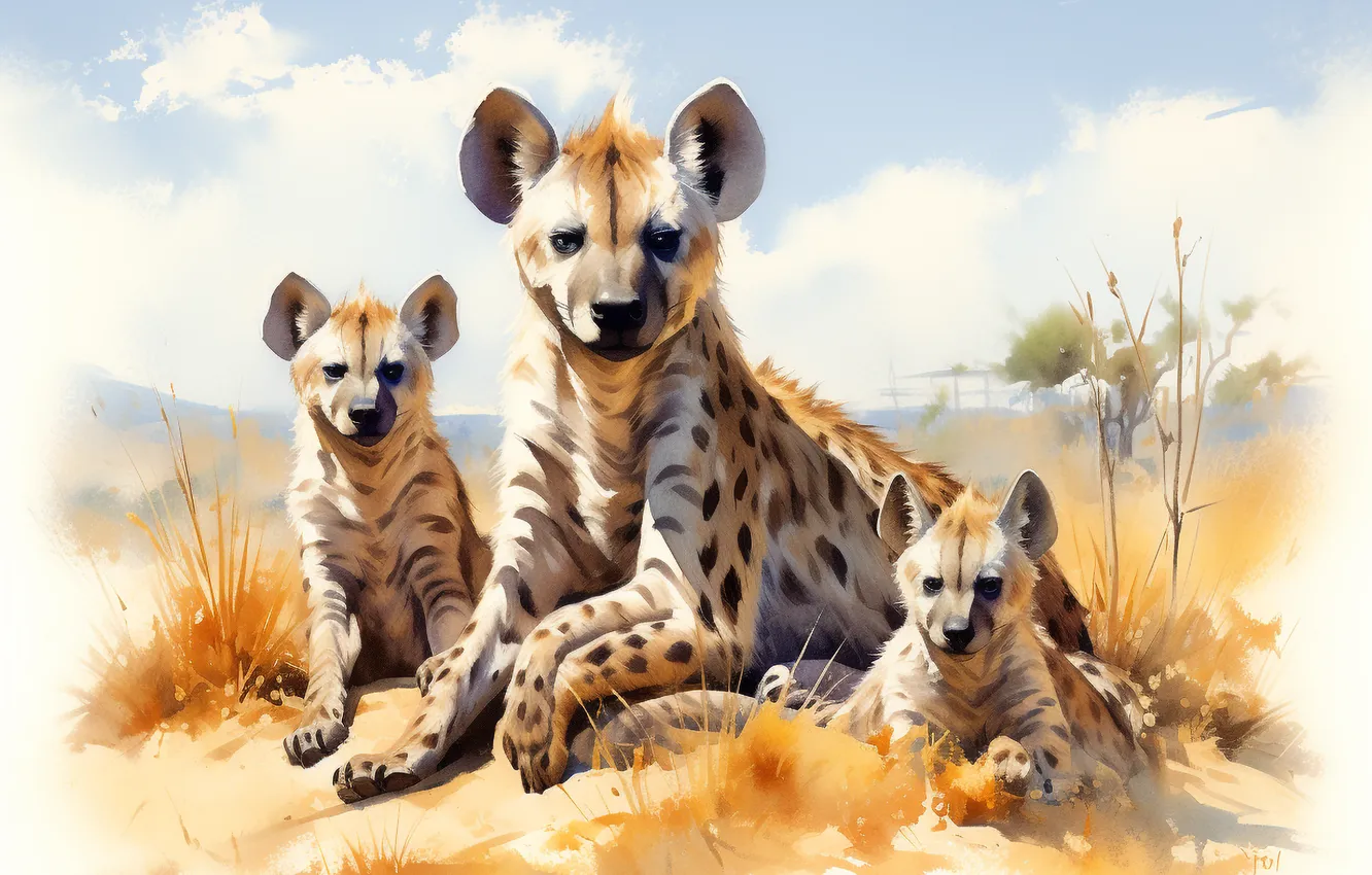 Photo wallpaper art, hyena, cub, three, digital art, imitation painting, AI art, The Art of Artificial Intelligence