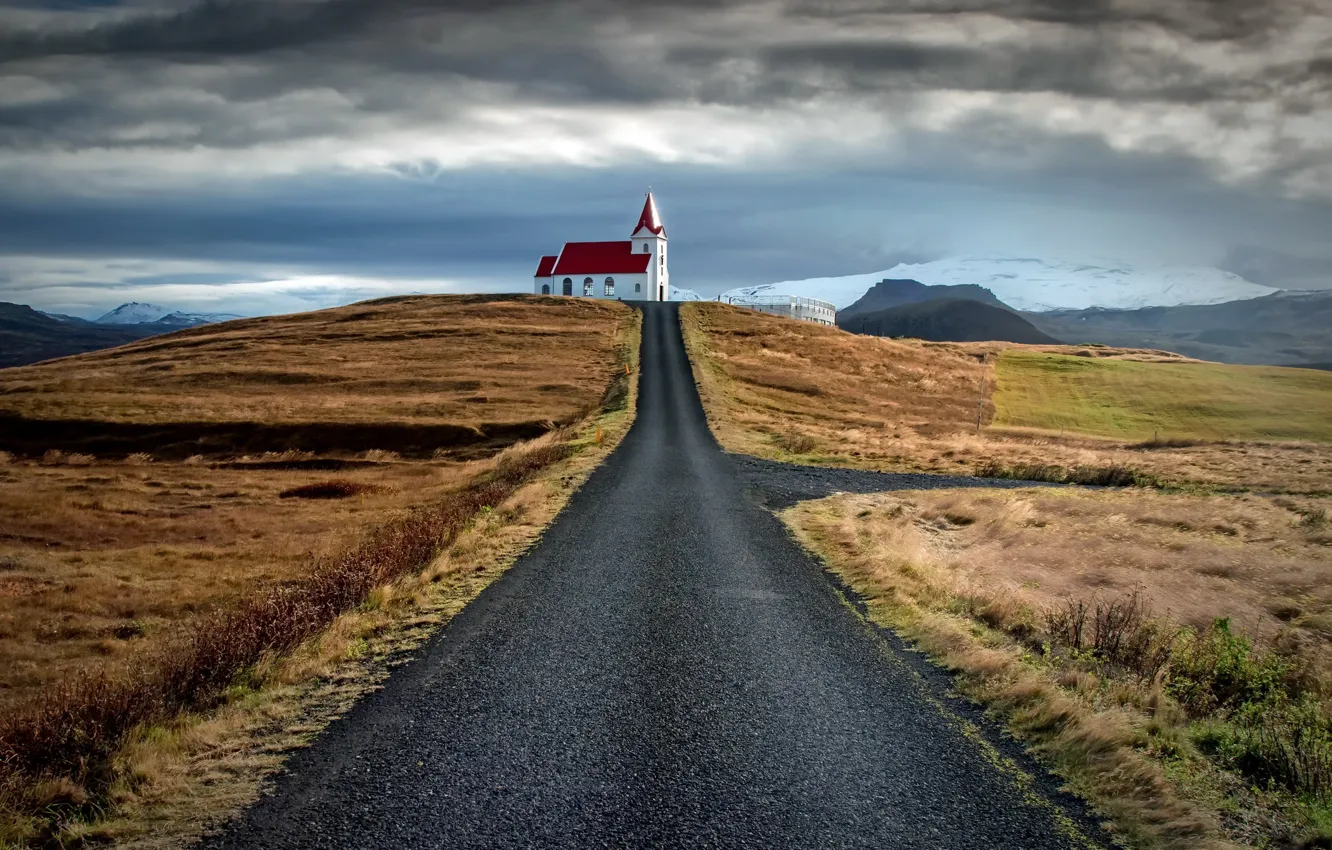 Photo wallpaper road, field, temple