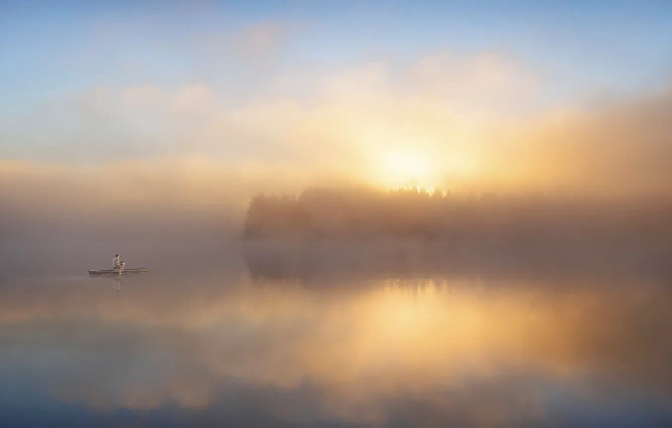 Photo wallpaper fog, dawn, boat, fisherman, morning, pond