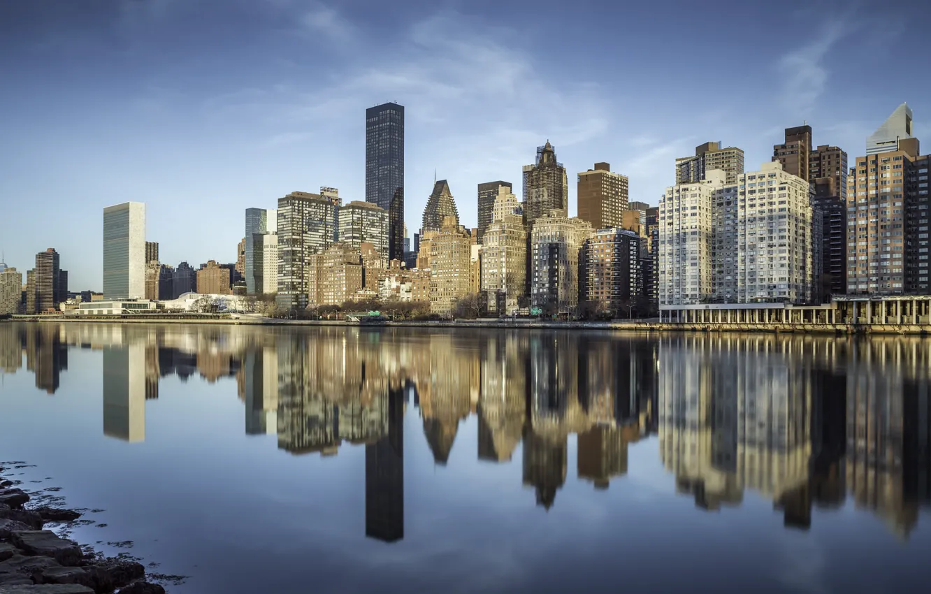 Photo wallpaper Strait, reflection, building, New York, skyscrapers, New York City, East River, East River
