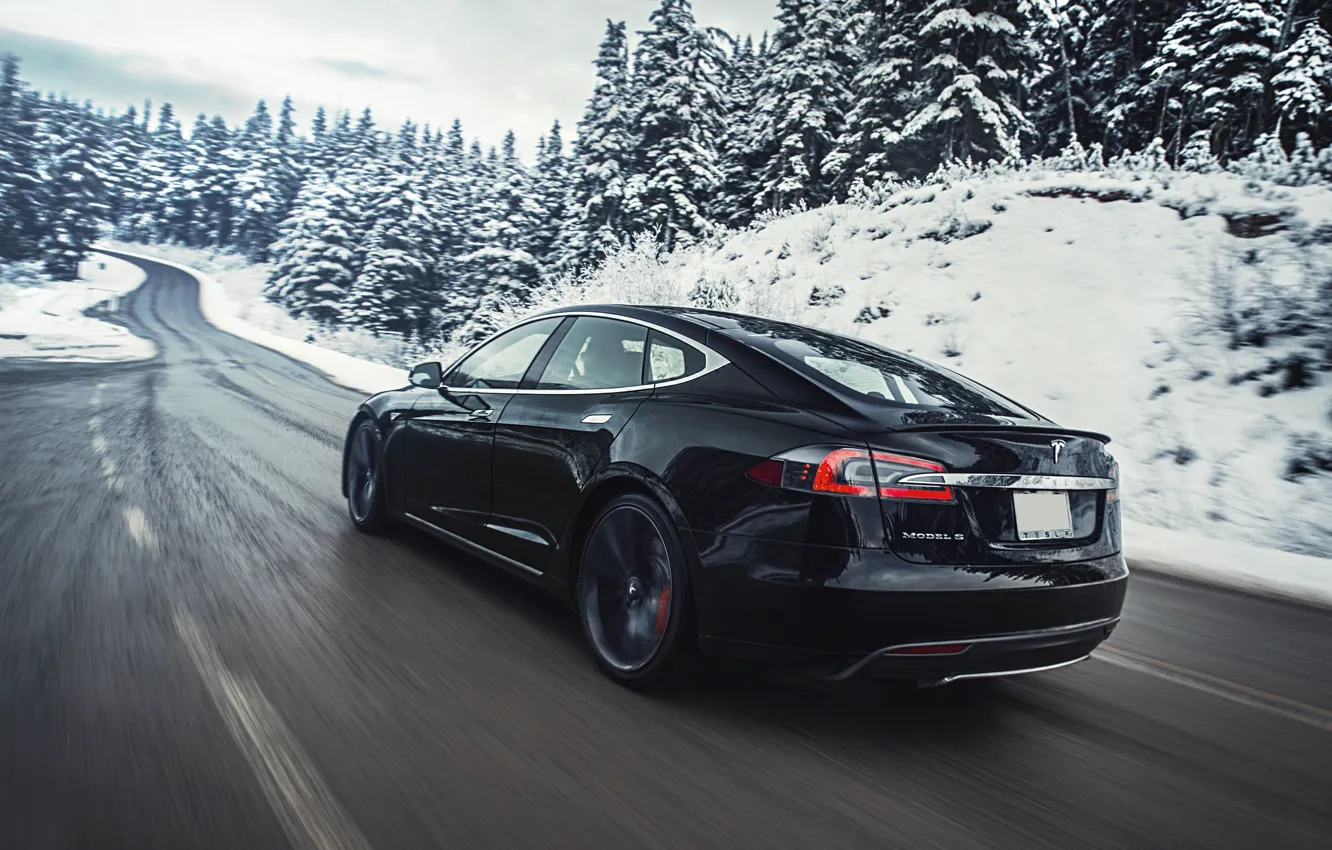 Photo wallpaper snow, mountains, movement, track, electric car, Tesla Model S
