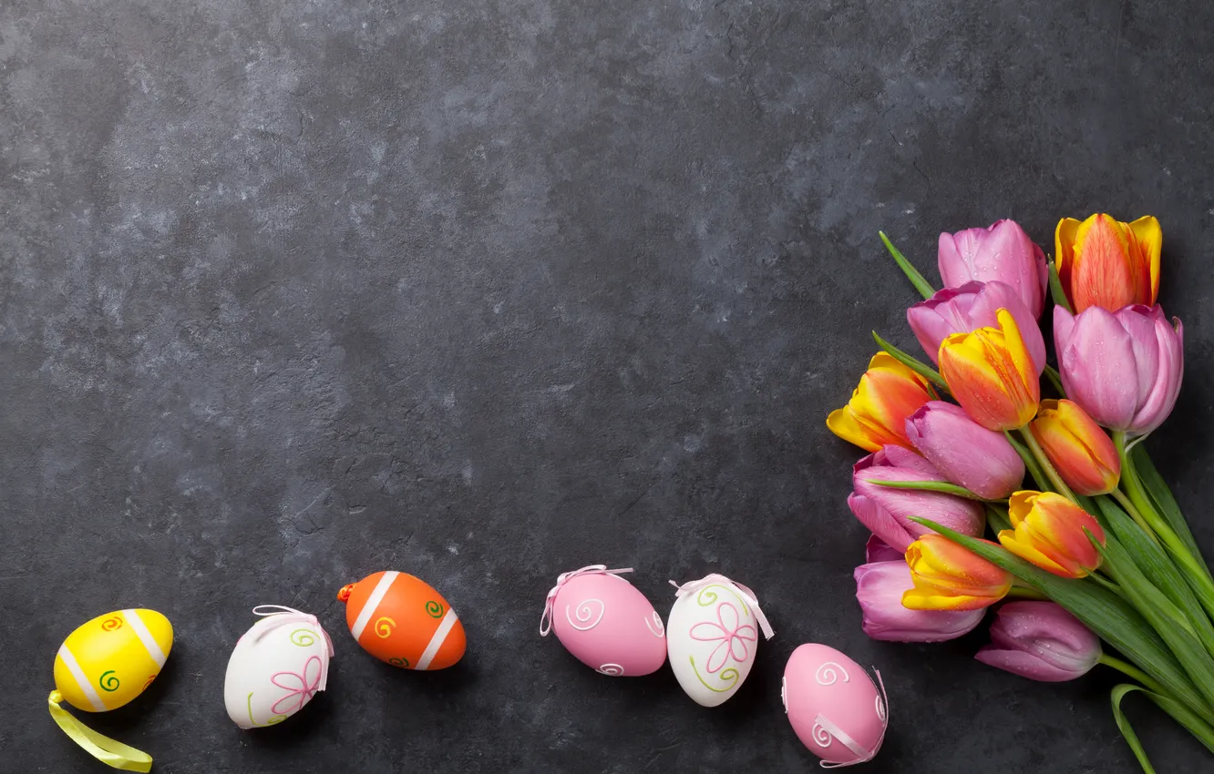 Photo wallpaper flowers, eggs, bouquet, spring, colorful, Easter, tulips, pink
