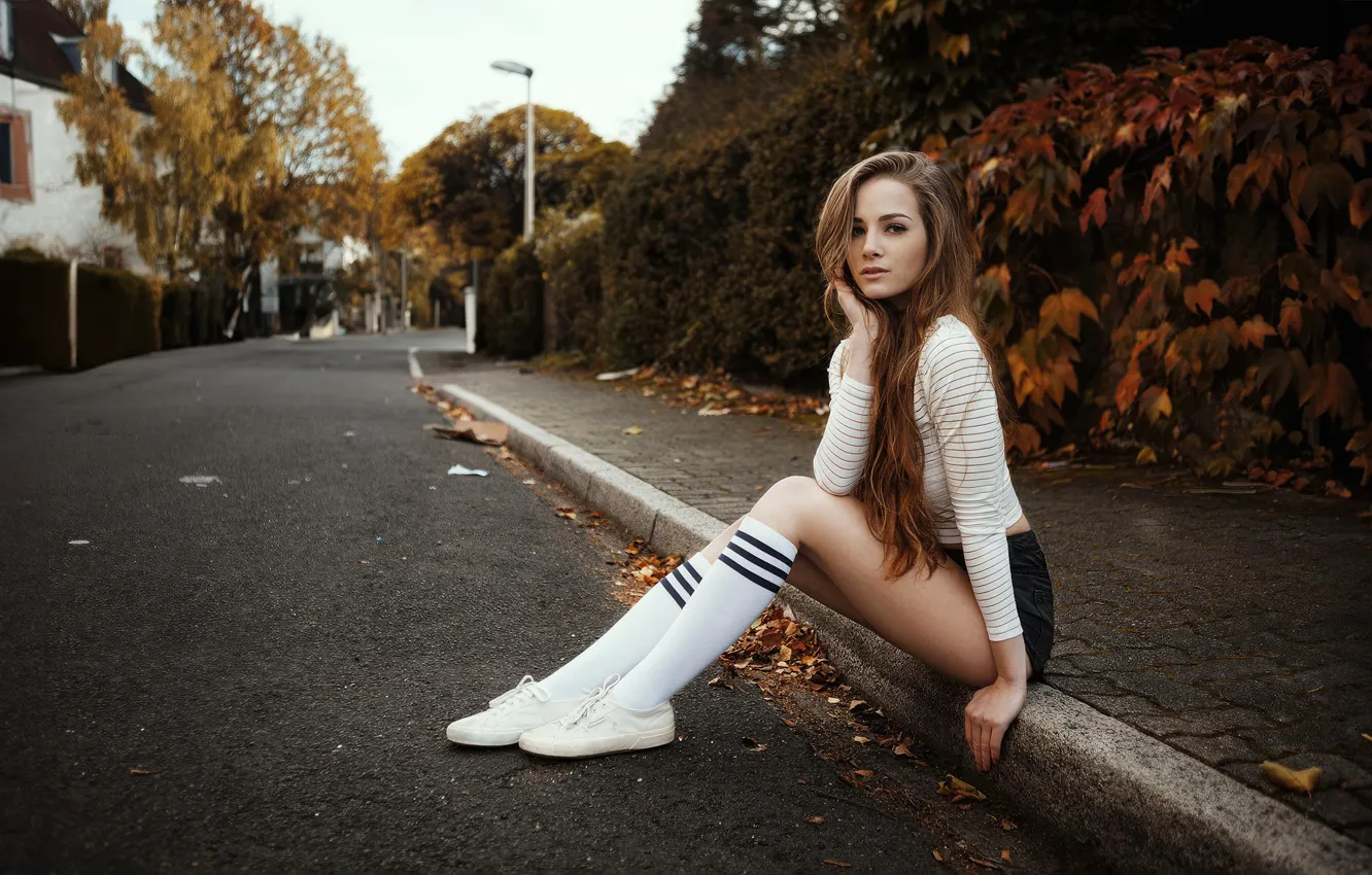Photo wallpaper autumn, girl, photo, street, model, hair, sneakers, blouse