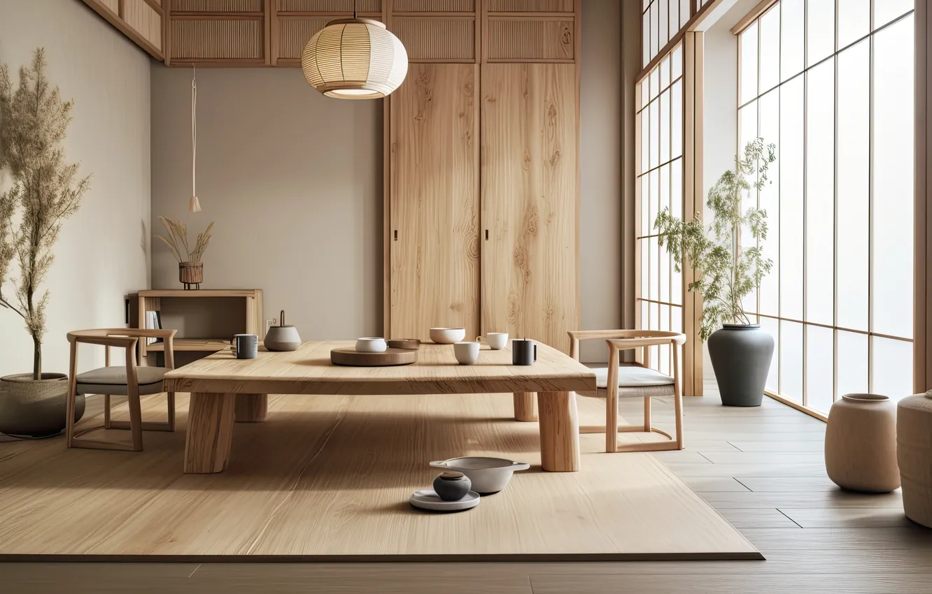 Photo wallpaper design, interior, living room, table, chairs, tatami mats, tea room, The Wabi-Sabi style