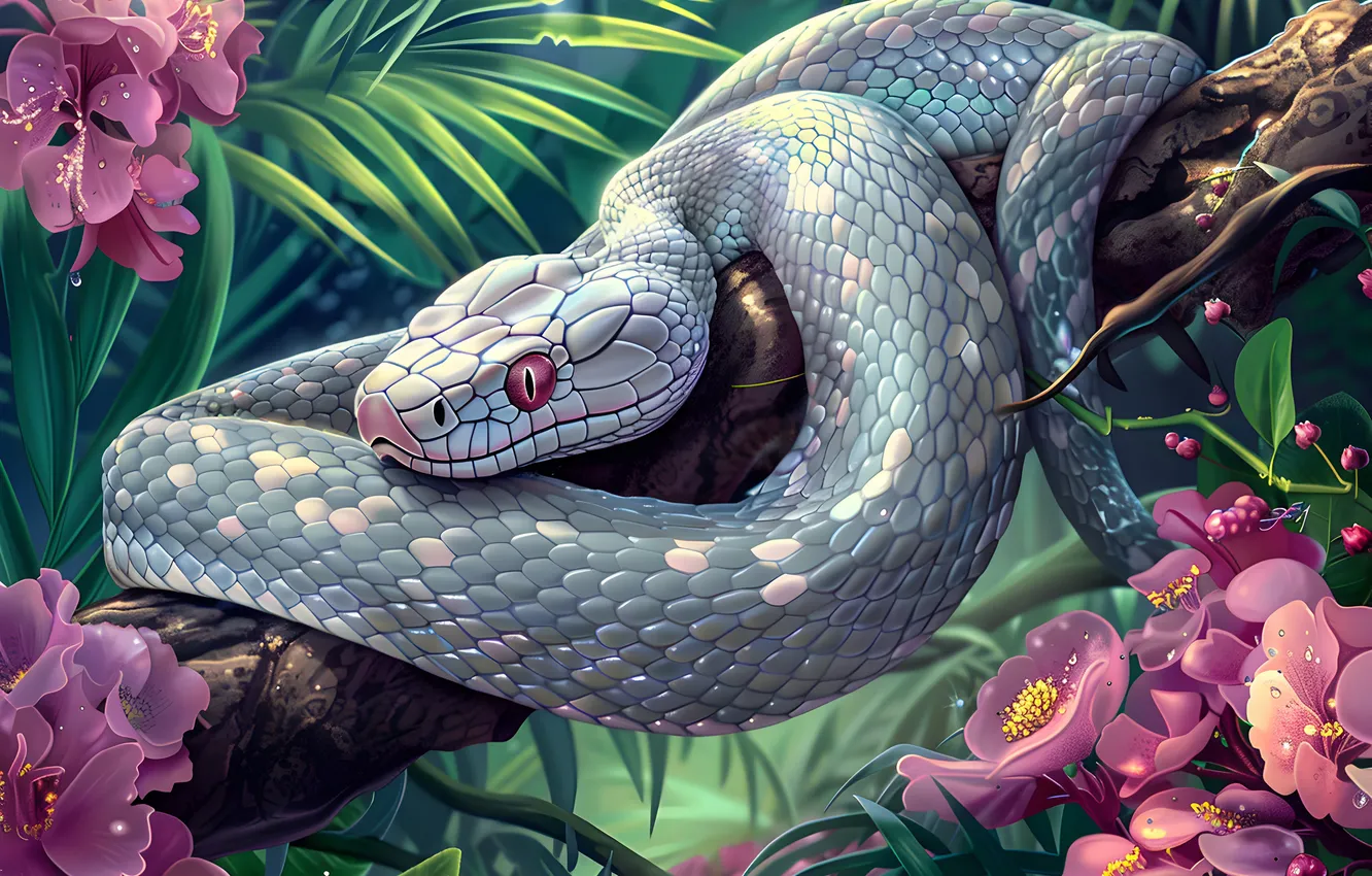 Photo wallpaper face, trees, flowers, animal, snake, jungle, art, reptile
