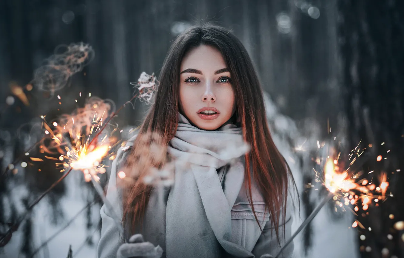 Photo wallpaper winter, look, snow, trees, model, portrait, makeup, hairstyle