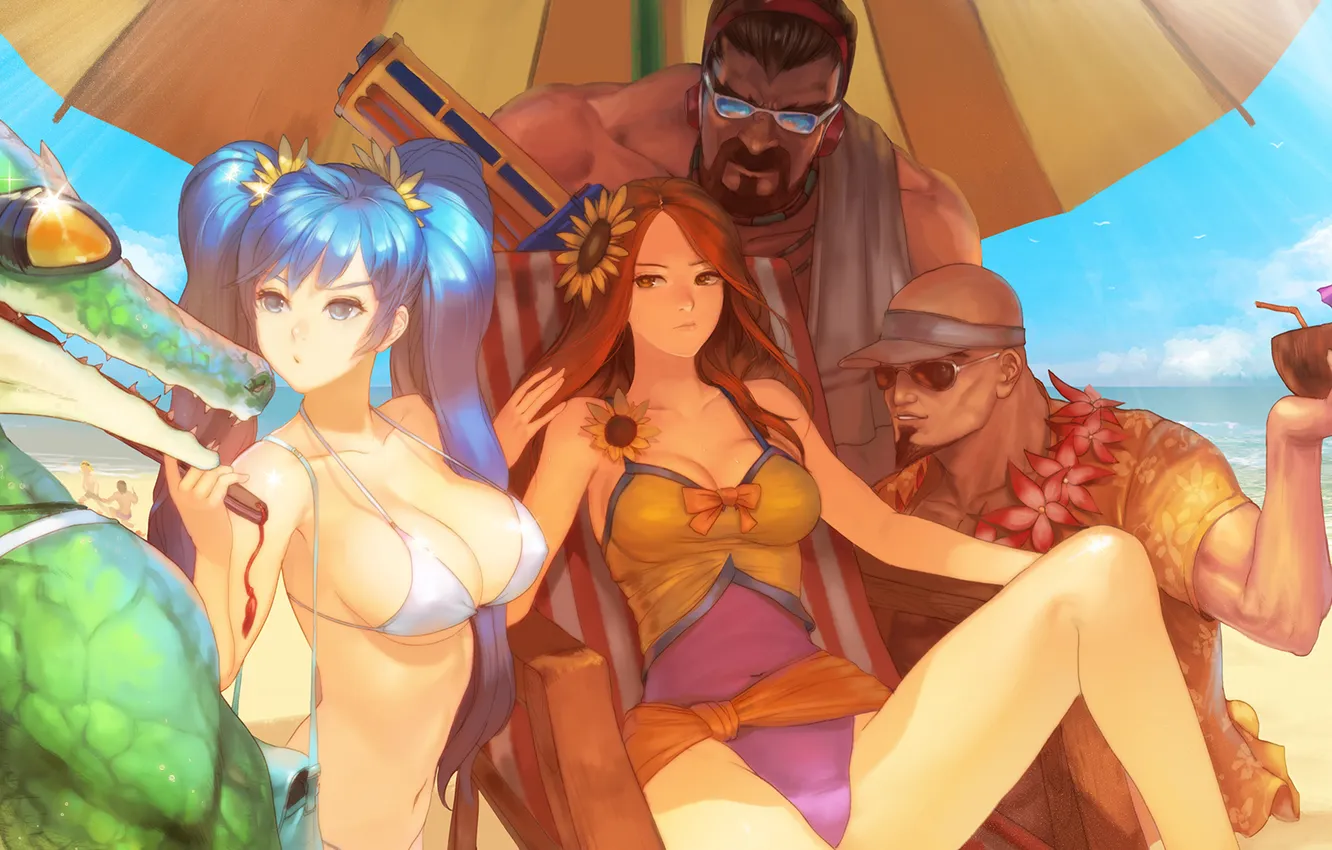 Photo wallpaper sea, beach, chest, look, girl, guy, bikini, dissatisfaction