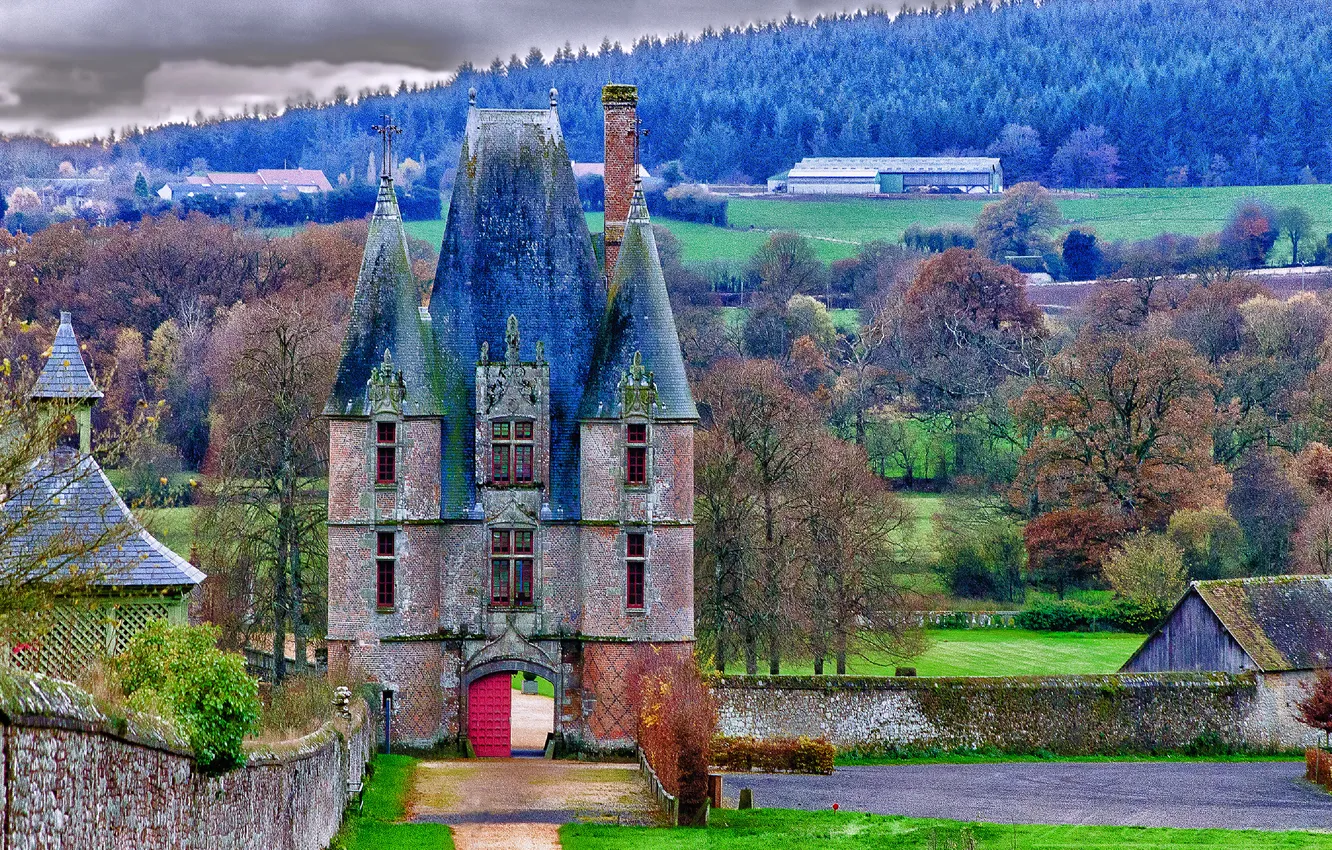 Photo wallpaper forest, the sky, trees, mountains, clouds, France, tower, HDR