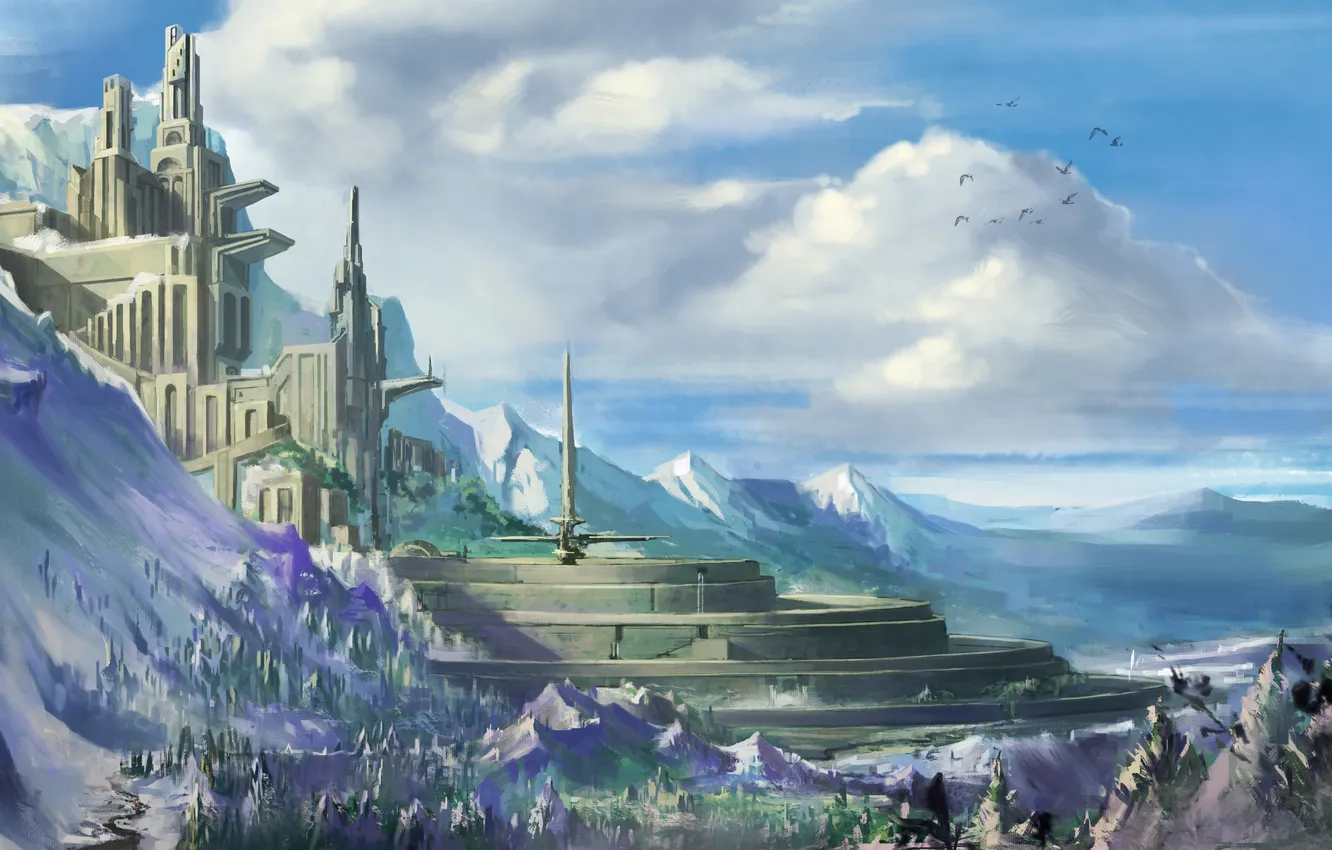 Photo wallpaper forest, clouds, mountains, the city, tower, Kingdom