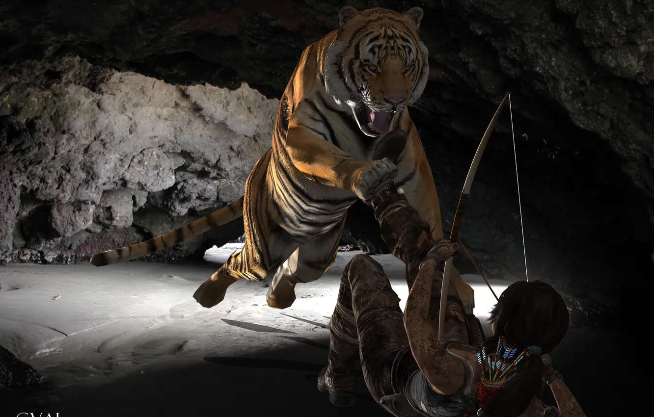 Photo wallpaper girl, tiger, weapons, animal, predator, bow, attack, Tomb Raider