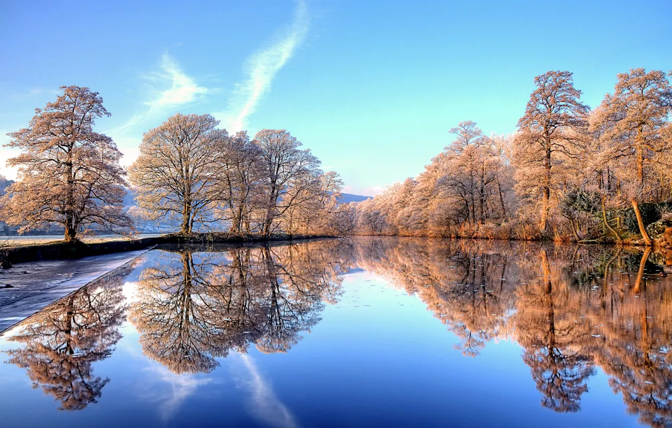 Photo wallpaper winter, frost, the sky, trees, sunset, river