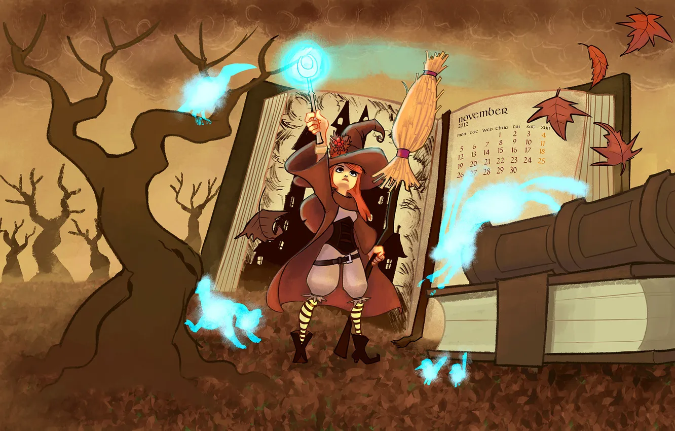 Photo wallpaper autumn, forest, magic, figure, book, witch, broom, cloak