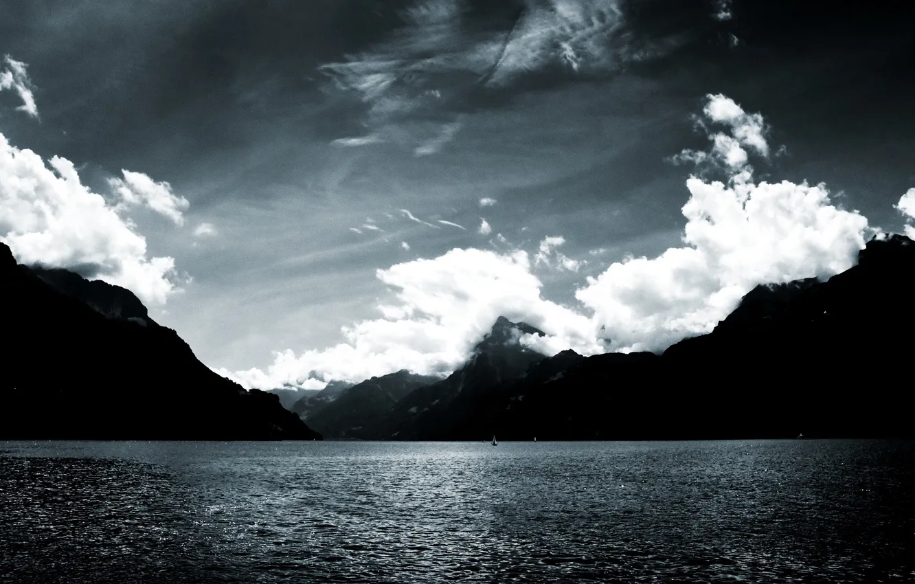 Photo wallpaper the sky, landscape, nature, black and white, mountains. sea