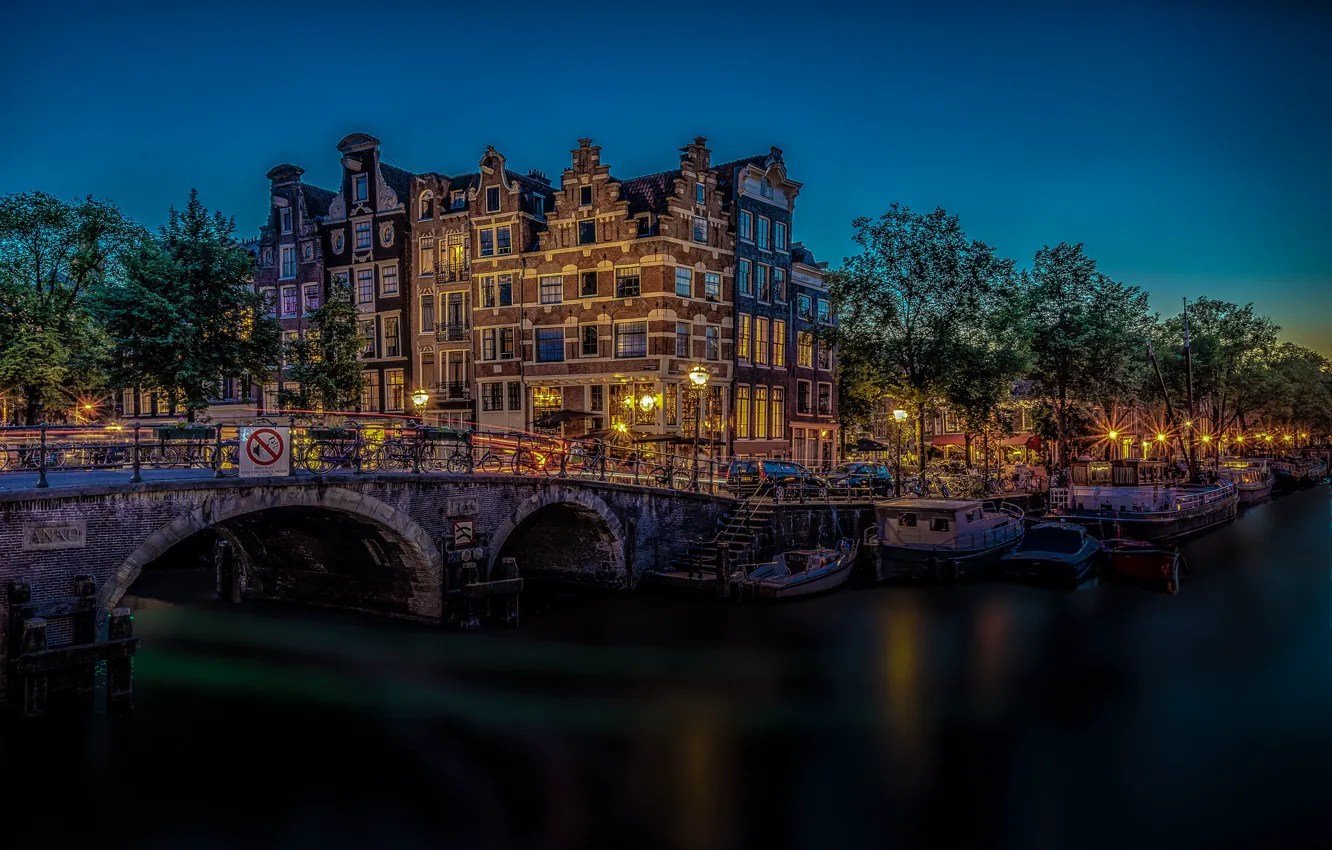 Photo wallpaper bridge, building, Amsterdam, channel, Netherlands, night city, Amsterdam, Netherlands