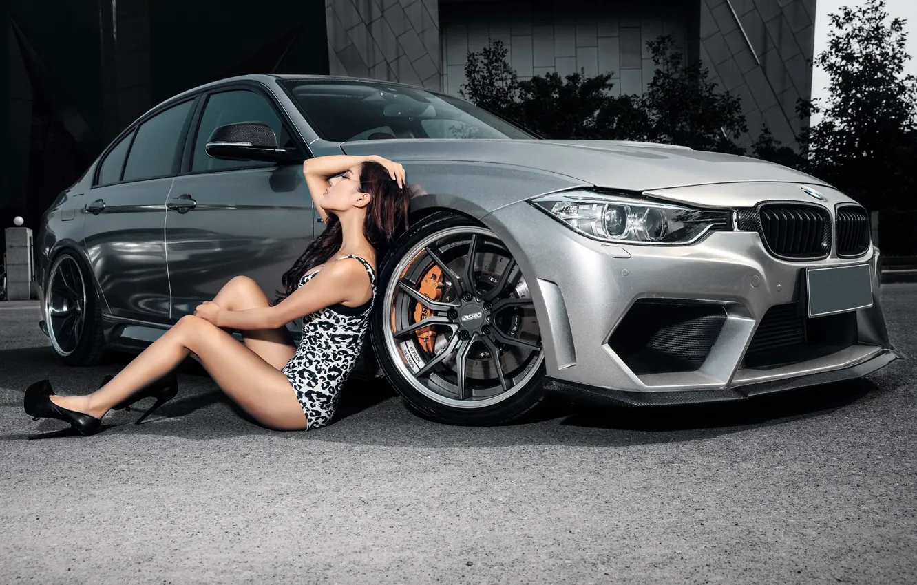 Photo wallpaper girl, BMW, Asian, Erotic, drives, silver car