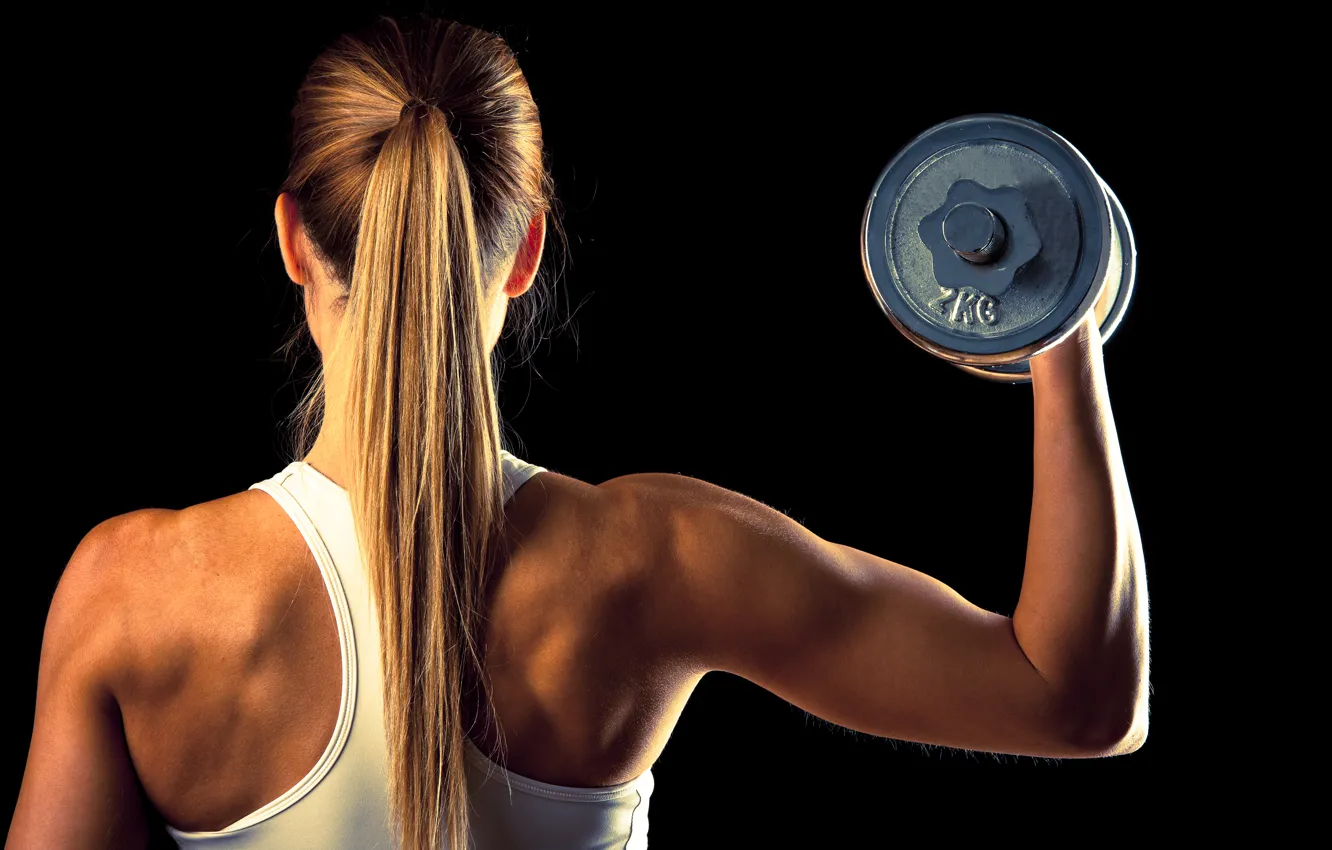 Photo wallpaper blonde, fitness, hand weights, 2 kilos