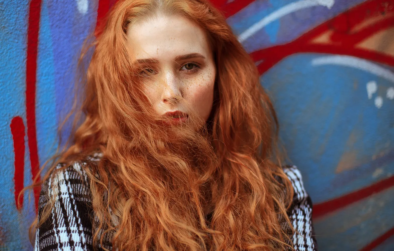Photo wallpaper look, girl, face, hair, portrait, freckles, red, redhead